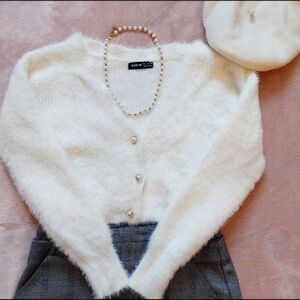 Cream Fuzzy V-Neck Button Cardigan Sweater